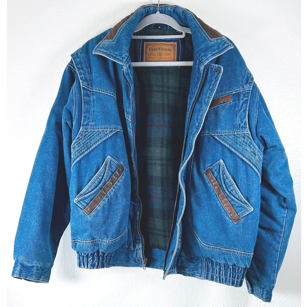 Expeditions Vintage Denim Bomber Trucker Jacket SZ M Granola Plaid Leather Trim